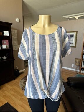 Tru Self blue & cream striped short sleeve knot front blouse-size XL